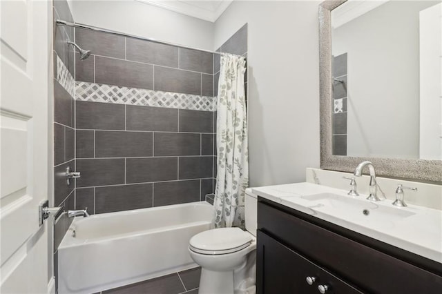 bathroom featuring tile patterned flooring, toilet, vanity, and shower / bath combination with curtain