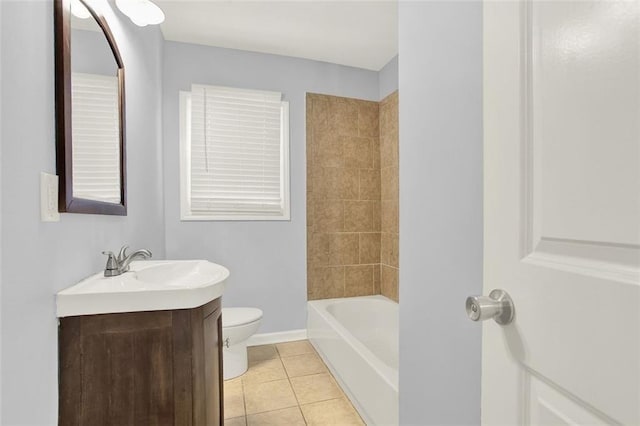 full bathroom with bathtub / shower combination, toilet, tile patterned floors, and vanity