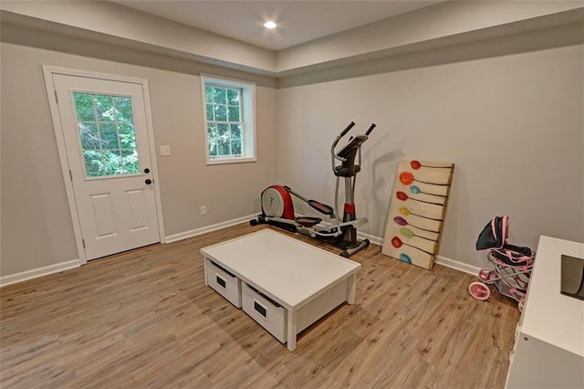 exercise area featuring light hardwood / wood-style floors