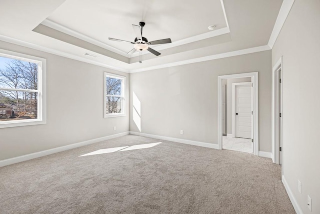 empty room featuring a tray ceiling, carpet, and crown molding