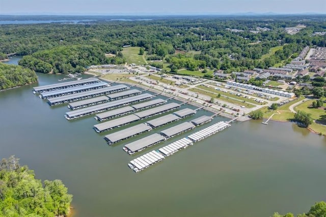 birds eye view of property with a wooded view and a water view