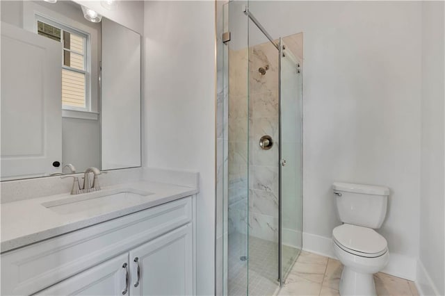 bathroom with toilet, an enclosed shower, and vanity