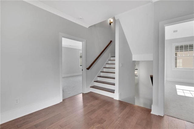 stairway featuring hardwood / wood-style floors