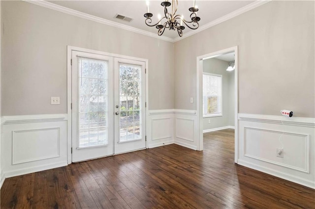 interior space featuring crown molding, dark wood-type flooring, and a wealth of natural light