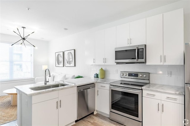 525 Parkway Dr NE Unit 306, Atlanta, GA 30308 - kitchen featuring stainless steel appliances, a peninsula, tasteful backsplash, a chandelier, and white cabinets