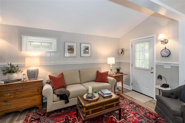 living room featuring wood-type flooring, vaulted ceiling, and plenty of natural light