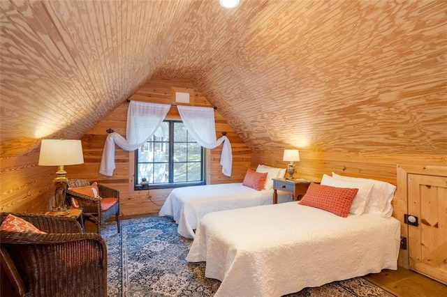 bedroom featuring wood ceiling, lofted ceiling, wooden walls, and hardwood / wood-style flooring