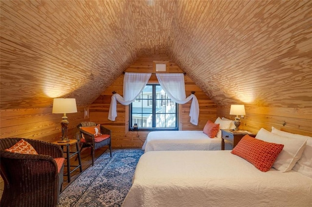 bedroom featuring wooden walls, lofted ceiling, and wooden ceiling