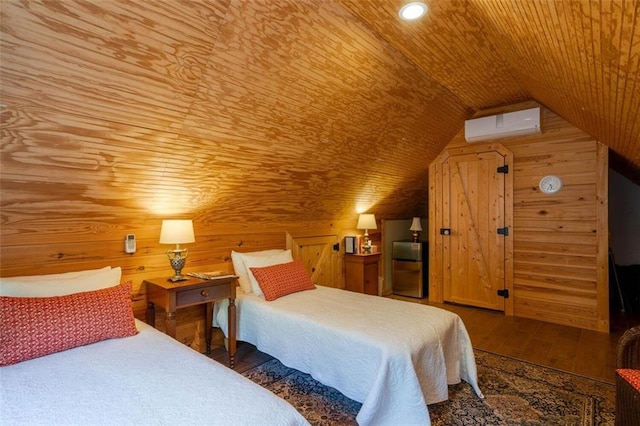 bedroom featuring wood ceiling, vaulted ceiling, wooden walls, hardwood / wood-style floors, and a wall mounted air conditioner