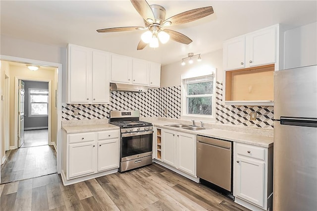 kitchen featuring under cabinet range hood, appliances with stainless steel finishes, plenty of natural light, and a sink