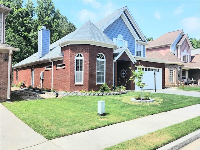 3473 Newtons Crest Cir, Snellville, GA 30078 - view of front of home with driveway, brick siding, a garage, a chimney, and a front lawn