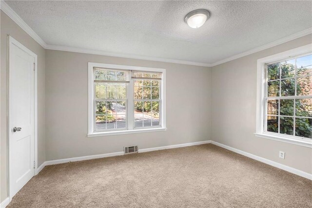 unfurnished room with carpet floors, a textured ceiling, a wealth of natural light, and ornamental molding