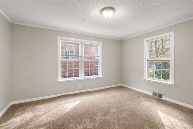 unfurnished room featuring carpet, a textured ceiling, and ornamental molding