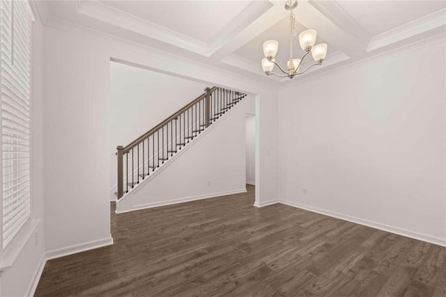 interior space featuring a notable chandelier, beamed ceiling, dark wood-type flooring, crown molding, and coffered ceiling