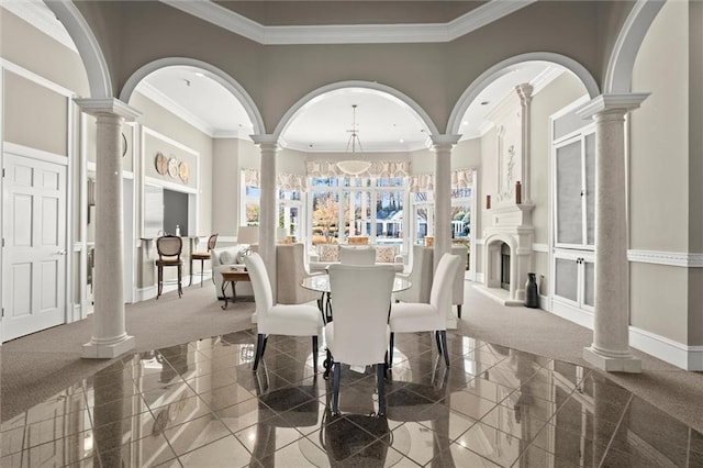 1024 Whitshire Way, Alpharetta, GA 30004 - dining area with granite floors, ornate columns, a towering ceiling, ornamental molding, and arched walkways
