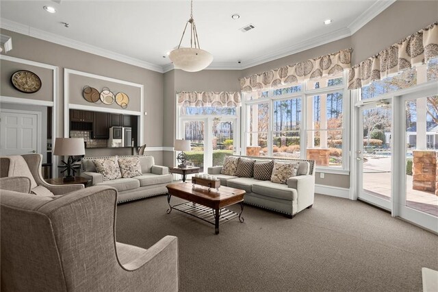 1024 Whitshire Way, Alpharetta, GA 30004 - carpeted living room featuring ornamental molding and recessed lighting