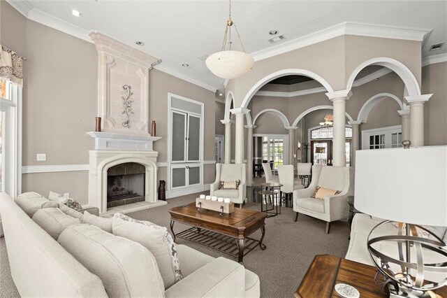 1024 Whitshire Way, Alpharetta, GA 30004 - living room with ornate columns, carpet flooring, a fireplace, recessed lighting, and ornamental molding