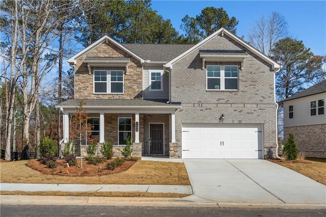 1495 Auburn Glen Rd, Dacula, GA 30019 - craftsman-style house with an attached garage, covered porch, driveway, stone siding, and brick siding