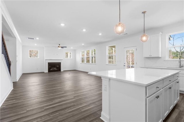 kitchen featuring tasteful backsplash, white cabinetry, a kitchen island, and dark hardwood / wood-style floors