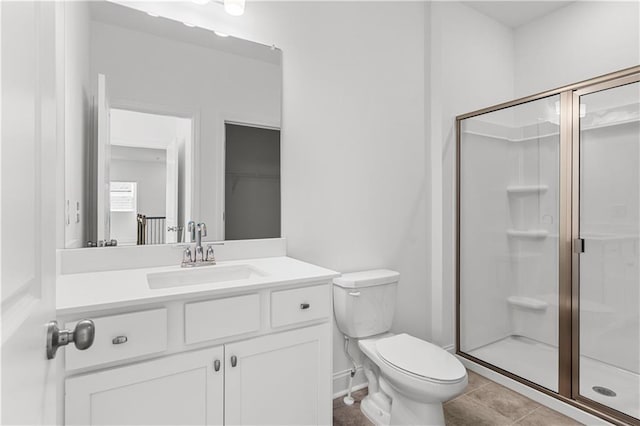 bathroom with tile patterned floors, vanity, toilet, and an enclosed shower