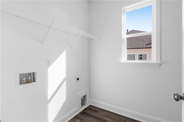 clothes washing area with dark hardwood / wood-style floors, hookup for a washing machine, and electric dryer hookup