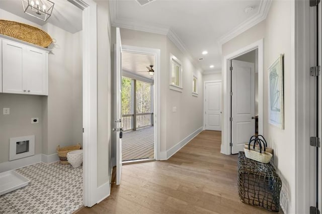 hall featuring recessed lighting, baseboards, crown molding, and light wood finished floors