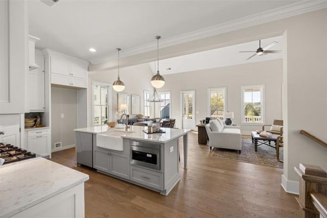 kitchen with white cabinets, dark wood-style floors, open floor plan, built in microwave, and a sink