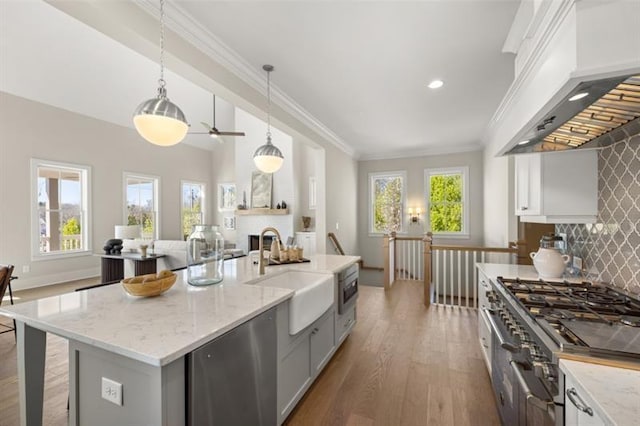 kitchen with custom range hood, appliances with stainless steel finishes, wood finished floors, a sink, and backsplash