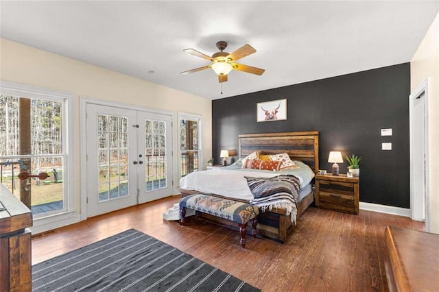 bedroom with ceiling fan, french doors, access to outside, and dark hardwood / wood-style flooring