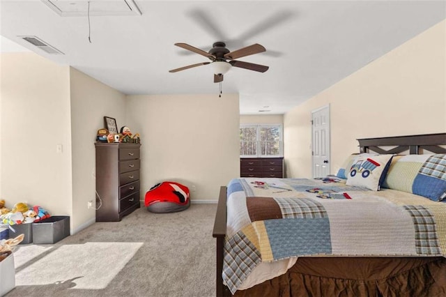 bedroom with ceiling fan and light colored carpet