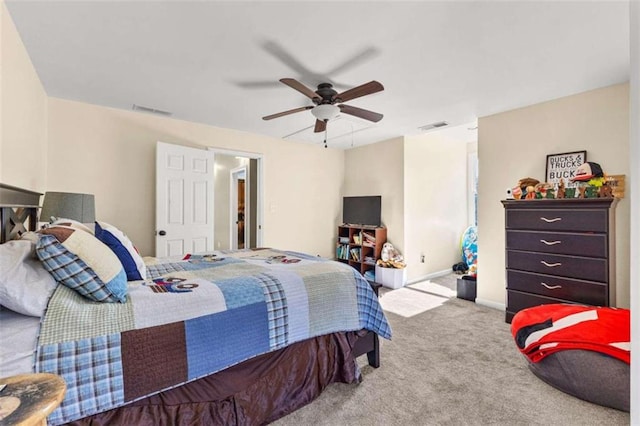 bedroom featuring ceiling fan and light colored carpet