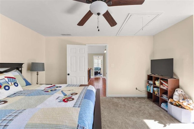 bedroom featuring ceiling fan and light carpet