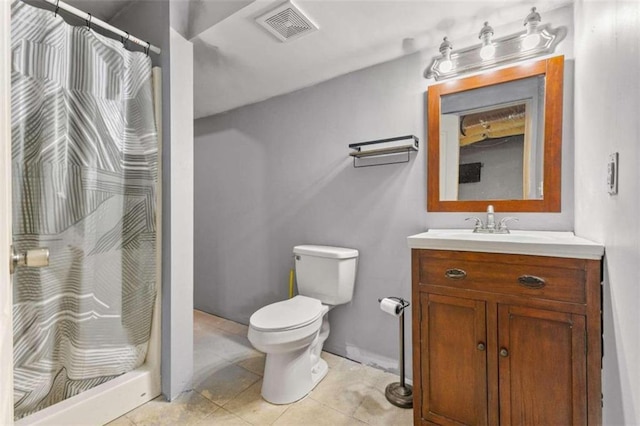 bathroom featuring tile patterned flooring, toilet, vanity, and a shower with shower curtain