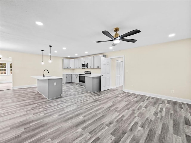 239 Brown Dr, Clermont, GA 30527 - kitchen with light wood finished floors, open floor plan, light countertops, stainless steel appliances, and a sink