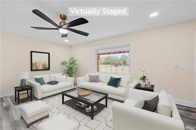 239 Brown Dr, Clermont, GA 30527 - living room with recessed lighting, baseboards, a ceiling fan, and wood finished floors