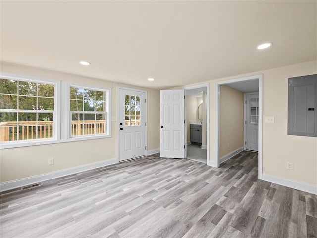 239 Brown Dr, Clermont, GA 30527 - unfurnished living room with visible vents, light wood-style flooring, electric panel, recessed lighting, and baseboards