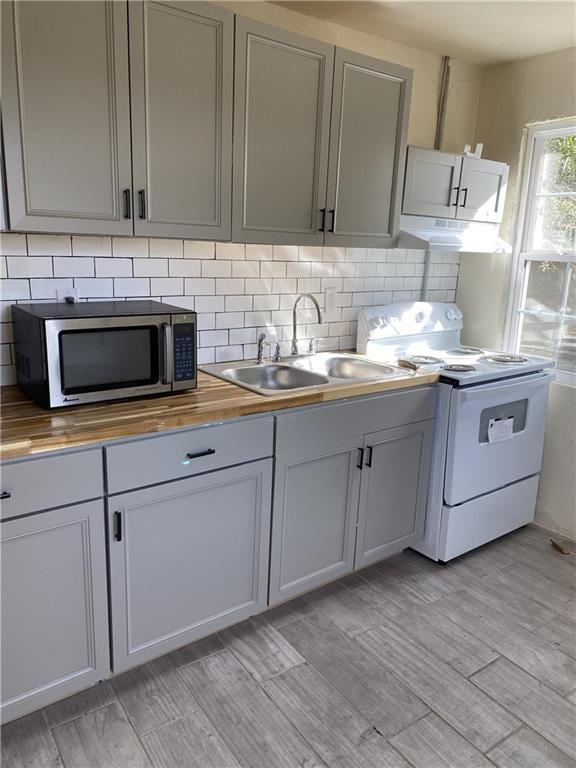kitchen featuring stainless steel microwave, white electric range oven, a sink, light wood-type flooring, and decorative backsplash