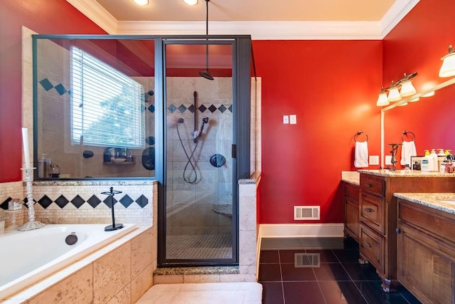 bathroom with crown molding, tile flooring, vanity, and independent shower and bath