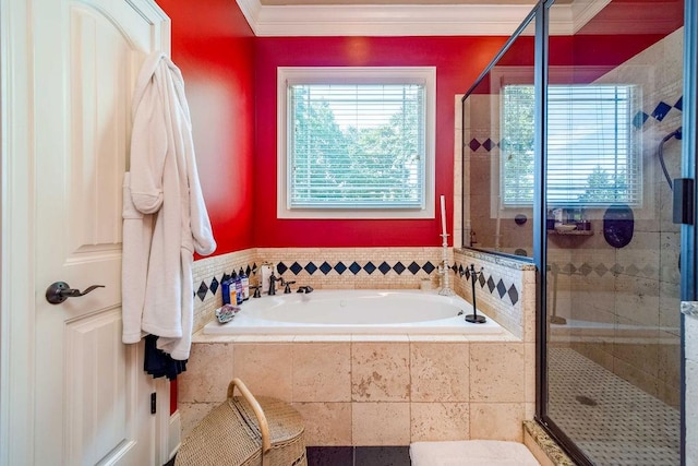 bathroom featuring independent shower and bath and ornamental molding