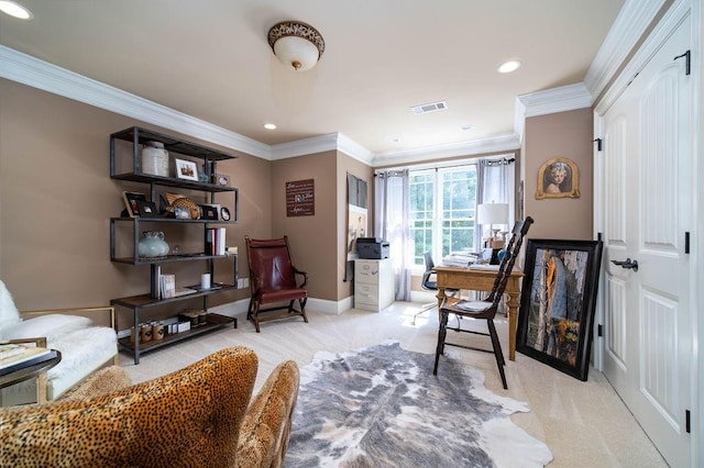 sitting room featuring light colored carpet and ornamental molding