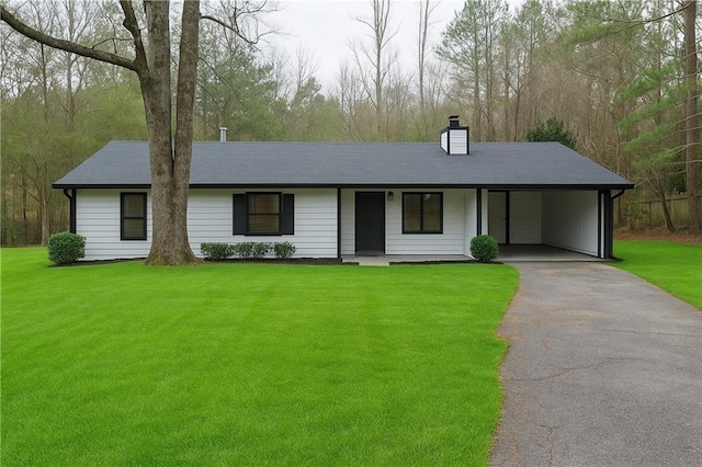 3436 Lake Monroe Rd, Douglasville, GA 30135 - ranch-style home featuring aphalt driveway, a front yard, an attached carport, a chimney, and a porch