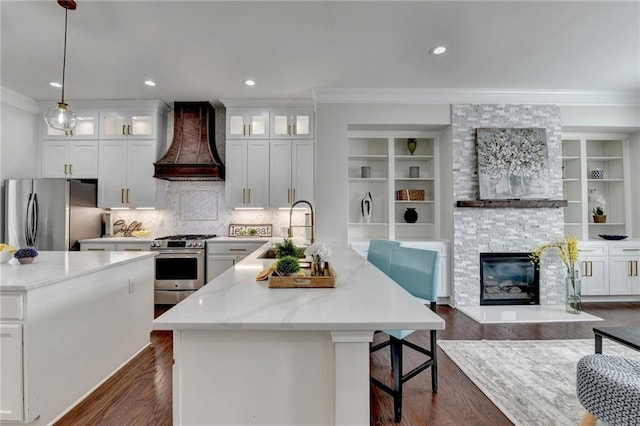 kitchen featuring custom range hood, appliances with stainless steel finishes, open floor plan, dark wood-style flooring, and a sink