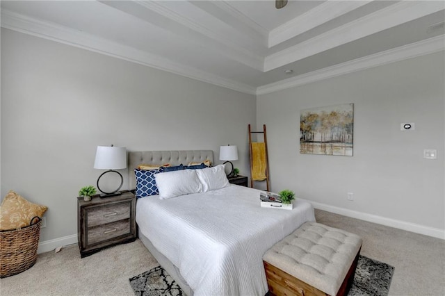 bedroom featuring ornamental molding, carpet flooring, and baseboards