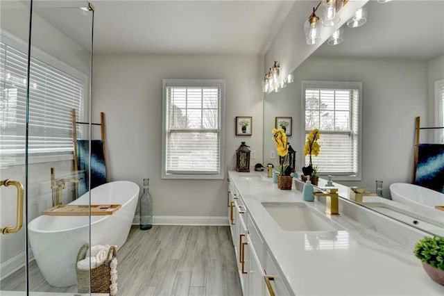 bathroom featuring double vanity, a sink, wood finished floors, a freestanding tub, and baseboards