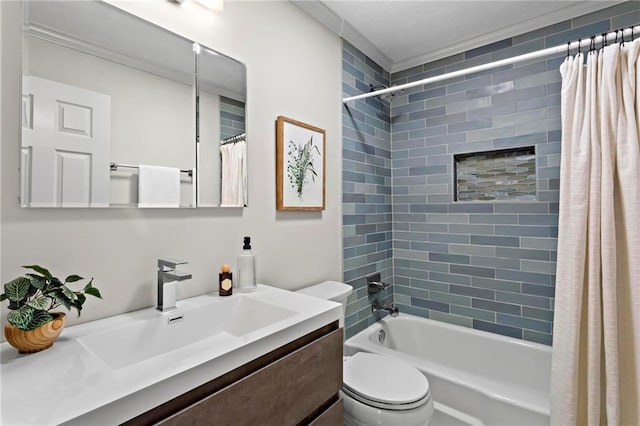 full bathroom with vanity, toilet, ornamental molding, and shower / tub combo with curtain