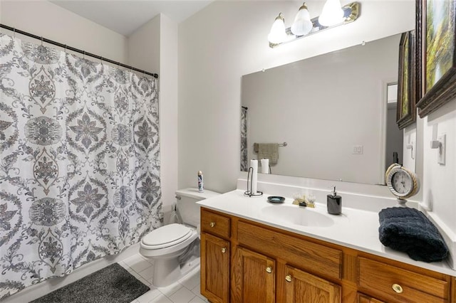 bathroom with vanity, toilet, tile patterned floors, and a shower with curtain