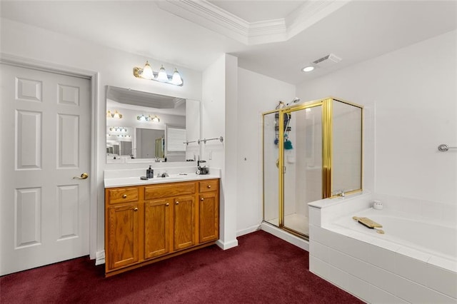 bathroom featuring vanity, separate shower and tub, and ornamental molding