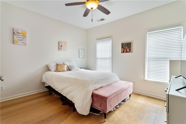 bedroom featuring ceiling fan and light hardwood / wood-style floors