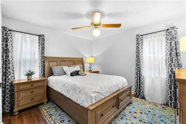 bedroom featuring multiple windows, dark wood finished floors, and a textured ceiling