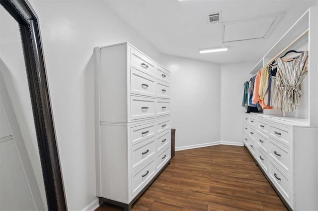 spacious closet with dark wood-type flooring, attic access, and visible vents